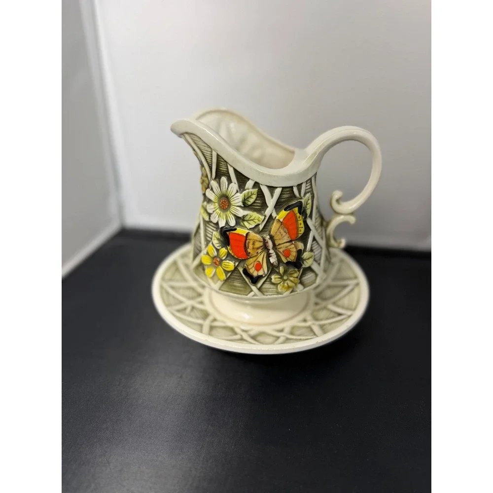 1970 Vintage Wales Ceramic Butterfly Flower‎ Pitcher Vase and Saucer Plate set